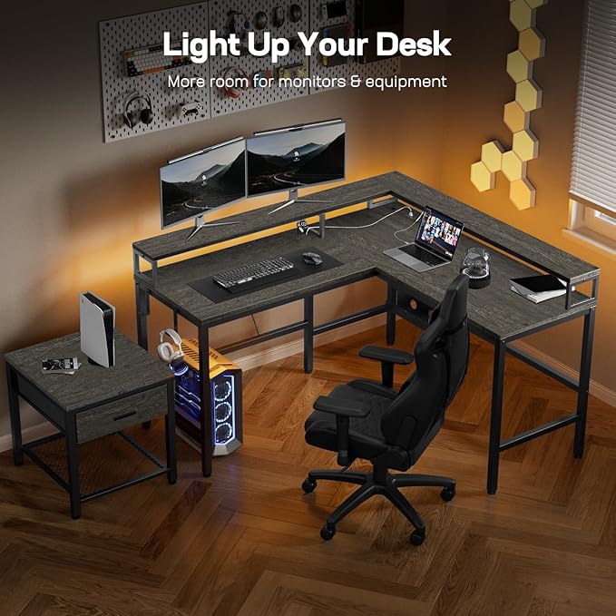 Marsail L-Shaped Computer Desk with Monitor Raiser &amp Printer Stand Home Office Corner Desk with Power Outlets &amp LED Light Ergonomic Gaming Desk with Cable Management Tray Hooks Grey