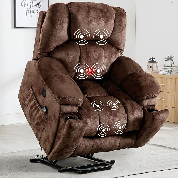 Bonzy Home Power Lift Recliner Chair with Massage and Heating Lift Chairs Recliner for Elderly Upholstered Comfy Power Lift Chair with 2 Hidden Cup Holders Side Pockets USB Port Brown