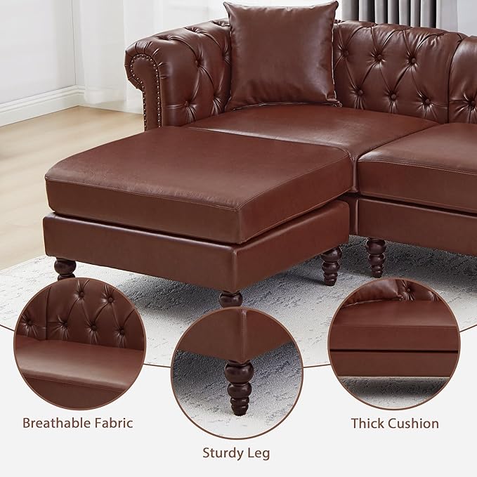 AVZEAR Chesterfield L Shaped Sofa Modular Sectional Leather Couch with Ottoman and Pillow Modern Sofa Bed PU Deep Seat Sofas Living Room Furniture Sets for Living Room Bedroom and Apartment Brown