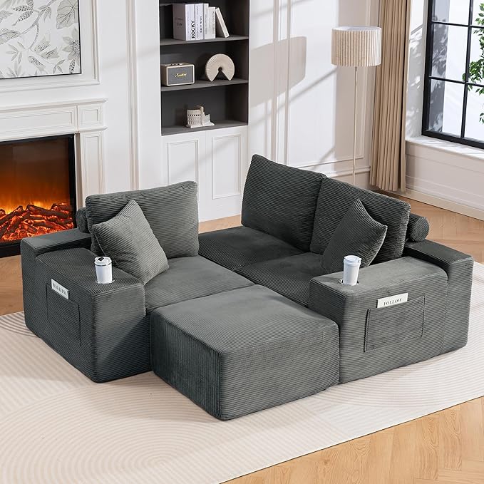 110Modular Sectional Sofa CouchesConvertible L-Shape Cloud Couch 3 Seat Oversized Chaise with OttomanCompressed FoamComfy BonelessSide PocketsCup Holders for Living RoomApartmentCorduroy Grey