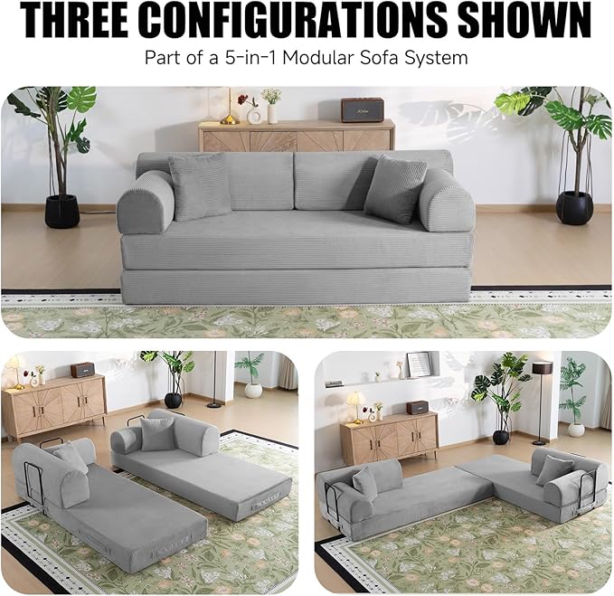 78.8 Boneless Memory Foam Couch Corduroy Convertible Floor Sofa Bed Fold-Out Sleeper Futon Loveseat Wide Armrests &amp Supportive Back 1200 lb Couch in a Box 2 Pillows Light Grey