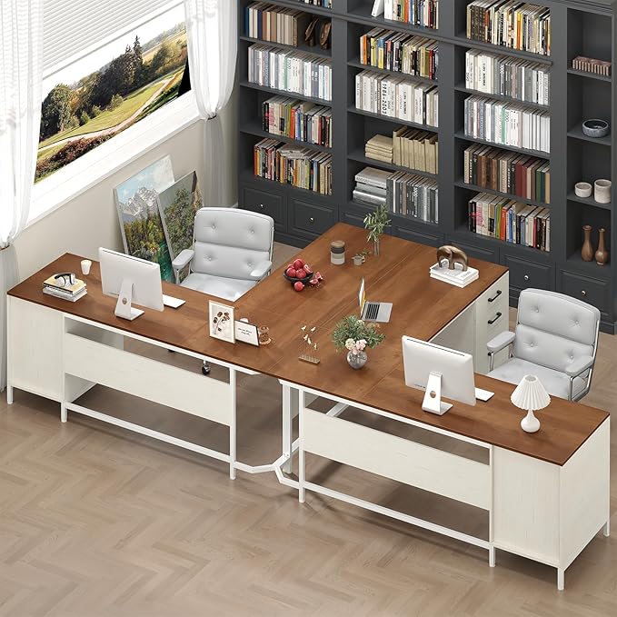 TVU 59’‘ L Shaped Desk with 6 Wood Drawers Large Home Office Corner Computer Desk with Storage File Cabinet Modern Metal Wood Desk for Executive Writing Study Workstation