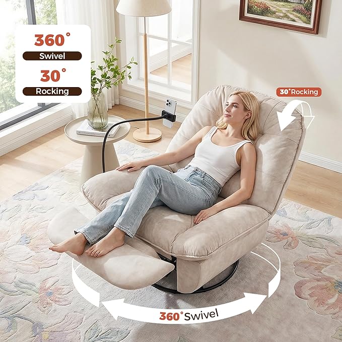 Swivel Rocker Recliner Chair for Adult Glider Nursery Rocking Chair Armless Single Recliner Sofa for Living Room Oversized &amp Overstuffed Phone Holder Included Beige