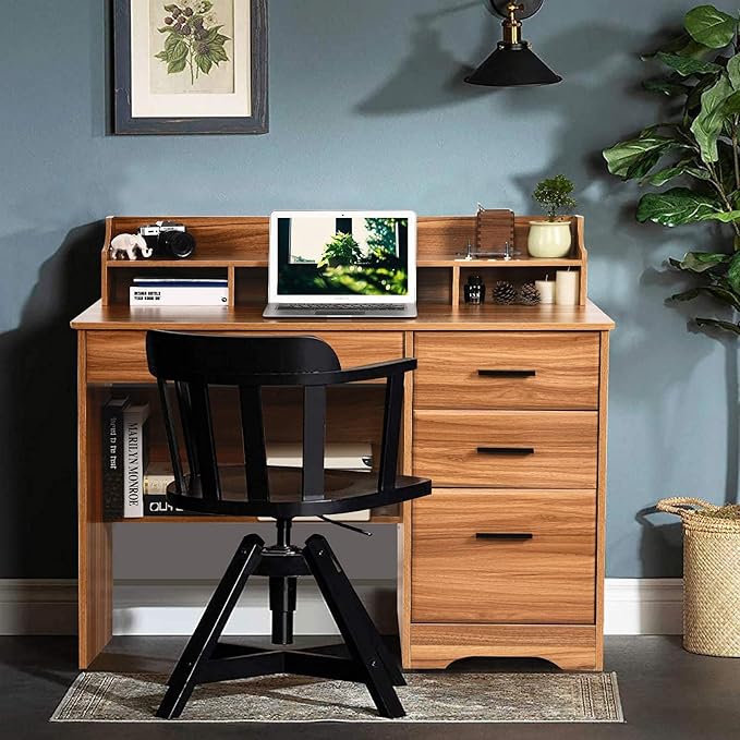 Catrimown Computer Desk with 4 Drawers and Hutch Home Office Desk with File Drawer 44” Rustic Oak Wood Desk Study Table for Bedroom Rustic Oak