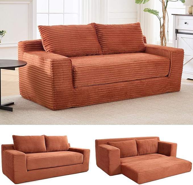 Black Cloud Couch 72 Chenille Loveseat Sofa 2-in-1 Floor Folding Sofa Bed Modern Comfy Sofa with 26 Deep Seat Soft Cushions for Living Room Apartment Office (Orange)