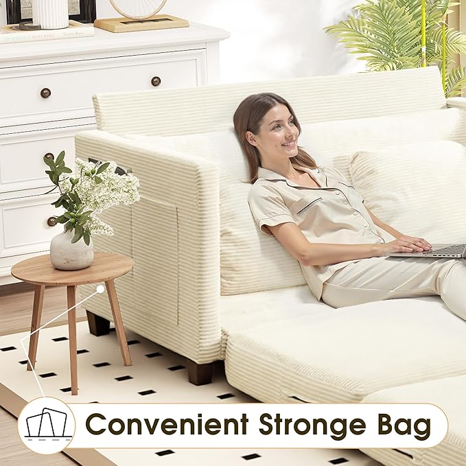 65 Convertible Loveseat Sofa Bed 2-in-1 Folding Sofa Bed with 2 Pillow for Small Spaces Modern Sleeper Couch for Apartment Living Room &amp Guest Room (Corduroy Beige 65 inch)