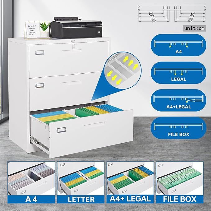 Lateral File Cabinet 3 DrawerMetal Storage File Cabinet with LockSteel Lateral File Cabinet for Legal/Letter A4 SizeWide File Cabinet for Office HomeAssembly Required