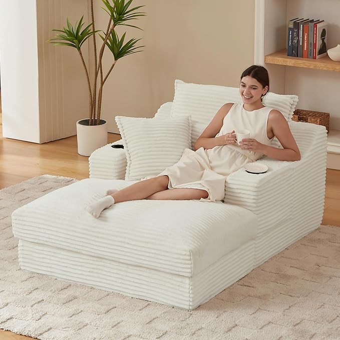67.72 Inch Corduroy Chaise Lounge Chair Indoor No Assembly Upholstered Sofa Bed with Throw Pillows &amp Cup Holder for Living Room BedroomWhite