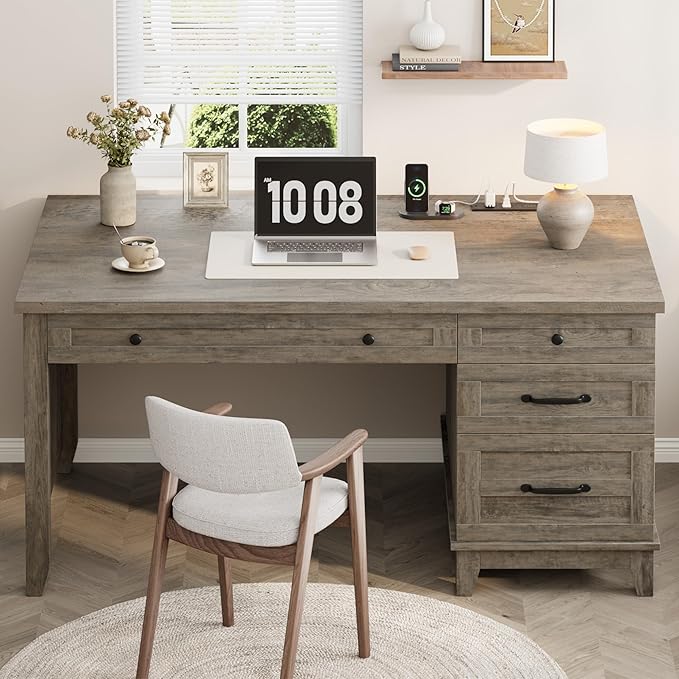 53.5 Farmhouse Home Office Desk with File Cabinet Wooden Executive Desk with Power Outlet Work Desk with Drawers Traditional Wood Desk for Home and Office Gray