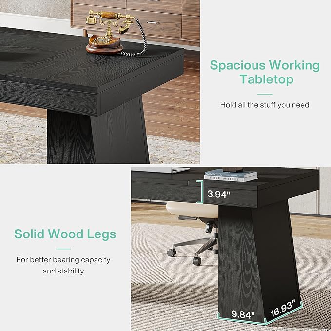 Tribesigns 55 Inches Executive Desk Mid-Century Modern Home Office Desk Wood Computer Desk Business Workstation Desk Small Conference Table Black