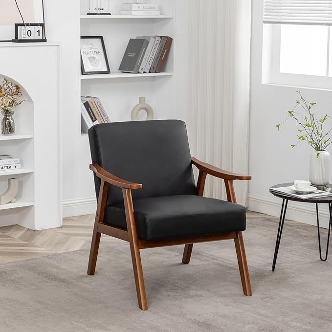 Accent Chair with Microfiber Upholstery and Solid Wood e Classic Mid Century Living Room Furniture for Extra Seating Black PUPVC