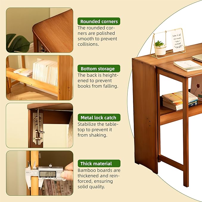 Folding Desk with Hutch and Storage Bamboo Space Saving Writing Table Multi-Functional Workstation for Bedroom Living Room Study Office (Wood)