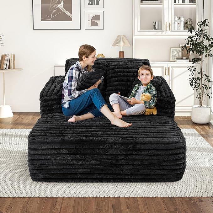 Chaise Lounge Chair Indoor Comfy Corduroy Plush Fluffy Foam Floor Compressed Sofa Chair Leisure Reading Single Sleeper Chaise Chair for Living Room Bedroom Office Pillows Included (Black)