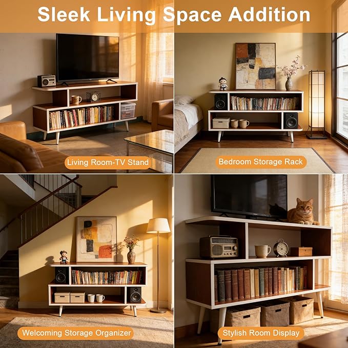 Lightdot TV Stand for TVs up to 45'' Modern Entertainment Center with 3 Storage Open Large Capacity for Collection Media Console Table for Living Room/Entrance/Sofa CabinetEasy Assembly-Red Walnut