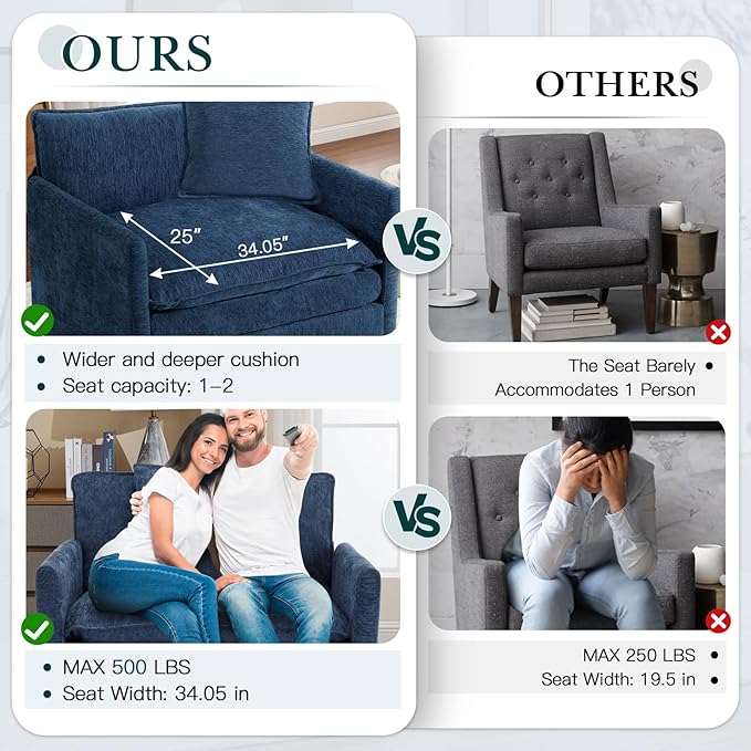 SLEERWAY Oversized Chair with Ottoman Set Modern Comfy Living Room Chenille Single Large Cloud Couch Lounge Chair Indoor for Bedroom Office Apartment Blue
