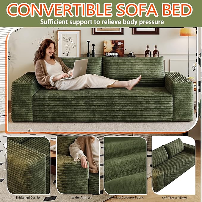 63 Cloud Loveseat Sofa - Boneless Deep Seat 2-Seater No Assembly Foam Floor Couch Plush Corduroy Fabric Modern Living Room Sofa for Small Space Apartment Bedroom Office (Green) | Boneless Sofa