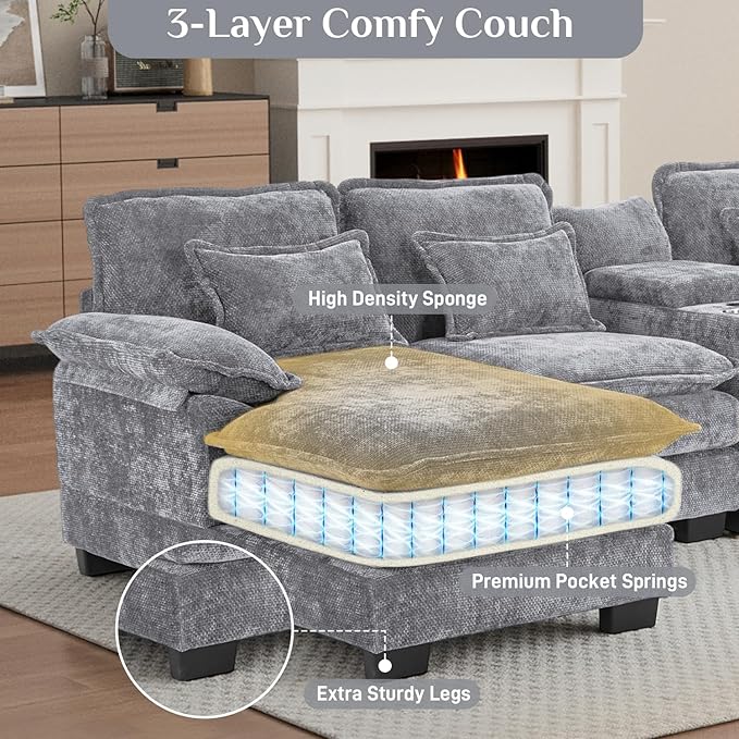 132 Oversized U Shaped Cloud Couch Modular Sectional Couches for Living Room Comfy Chenille Deep Seat Sofa Set with Double Chaise Lounge Storage Central Console Cup Holders USB Port Light Grey