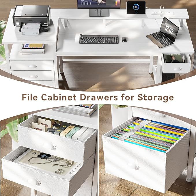 Furologee 60 White Office Computer Desk with 4 DrawersGaming Desk with LED Lights and Power OutletsLong Desk with Fabric File CabinetStudy Writing Work Table with Shelf for Bedroom Home Office