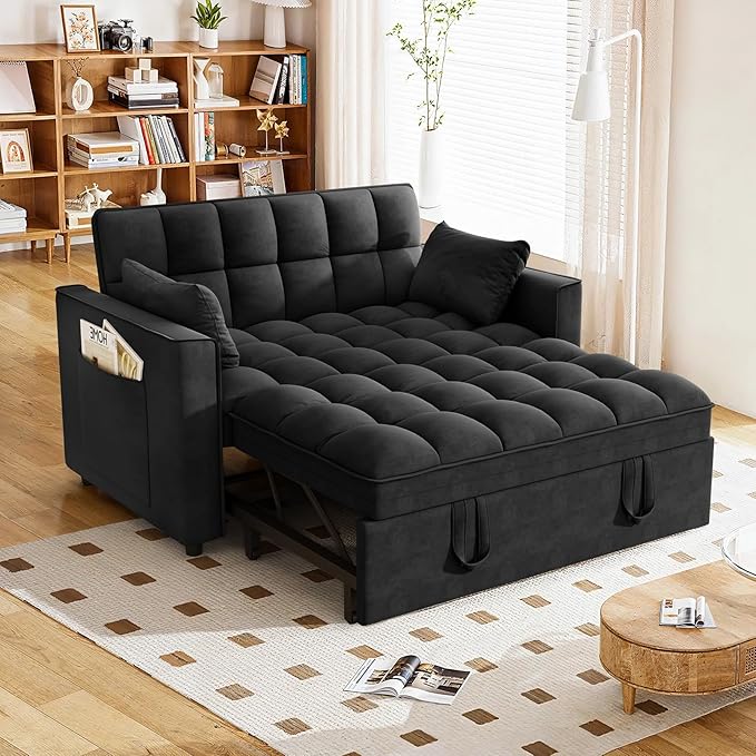 Hison Convertible Sleeper Sofa Bed 3 in 1 Pull Out Couch Bed with Adjustable Backrest Sectional Small couches for Small Spaces Loveseat for Apartment Living Room (Black Velvet)