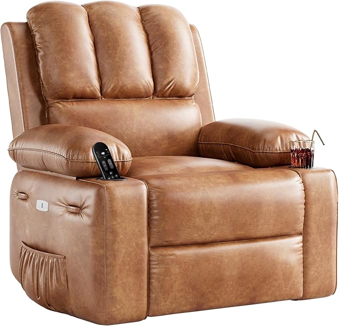 22 Wide Electric Recliner Chair for Adults Swivel Rocking Recliner with Massage &amp Heat PU Leather Lounge Chair with Remote and Cup Holders for Living Room Nursery Two-Tone Vintage