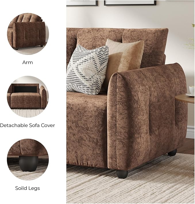 84.5 Inch Loveseat SofaModern Couch and SofaFeather-tip armrest DesignSturdy and Easy InstallationSmall Sofa for Living Room Bedroom Office and ApartmentChenille FabricBrown