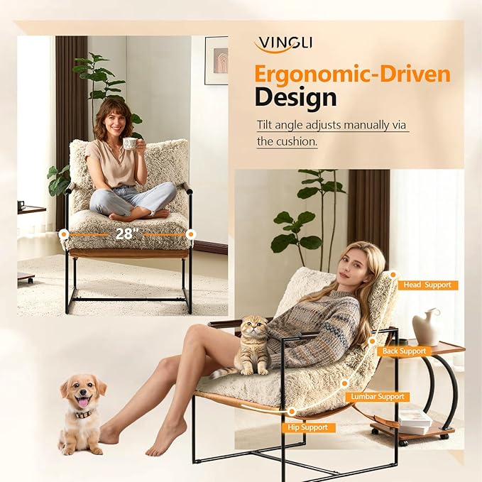 VINGLI 28 Wide Plush Upholstery Sling Modern Accent Chairs Set of 2 Cute Reading Armchair with Removable Seat Cushion &amp Tan Microfiber Seat Base Lazy Chair for Bedroom &amp Lounge Beige