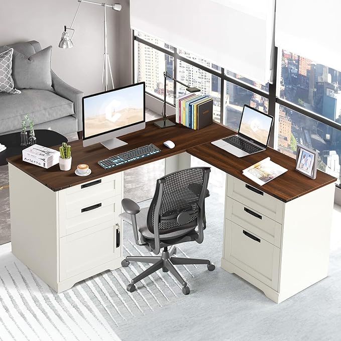 Grepatio 60 L Shaped Executive Desk with Drawers Farmhouse Corner Desk with USB Charging Station 2 Person Home Office Computer Writing Desks with Storage Key Lock Filing Cabinet (Antique White)