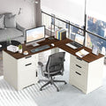 Grepatio 60 L Shaped Executive Desk with Drawers Farmhouse Corner Desk with USB Charging Station 2 Person Home Office Computer Writing Desks with Storage Key Lock Filing Cabinet (Antique White)