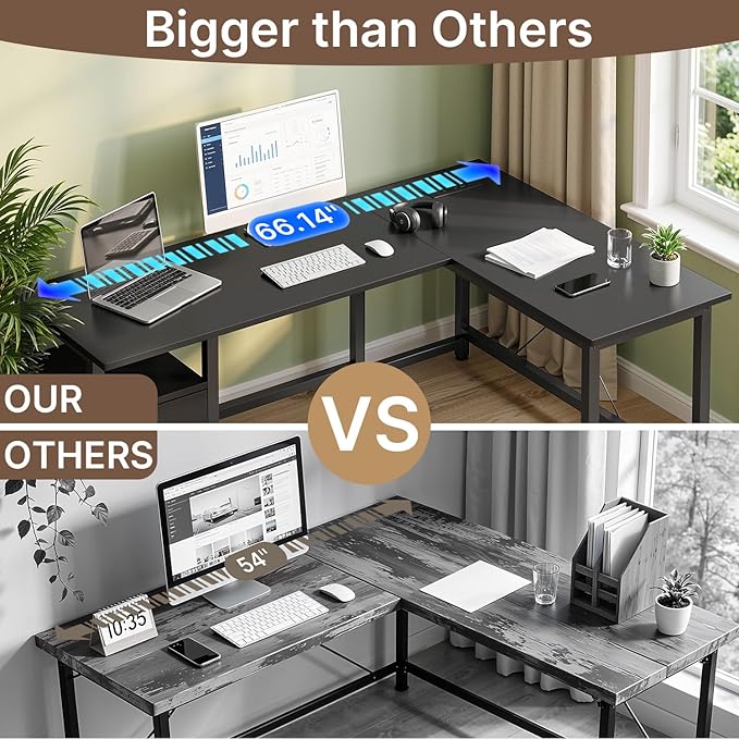 Gizoon 66 L Shaped Gaming Desk with Large Drawers Reversible Corner Desk with Power Outlets &amp Moveable CPU Stand Home Office Computer Desk Black