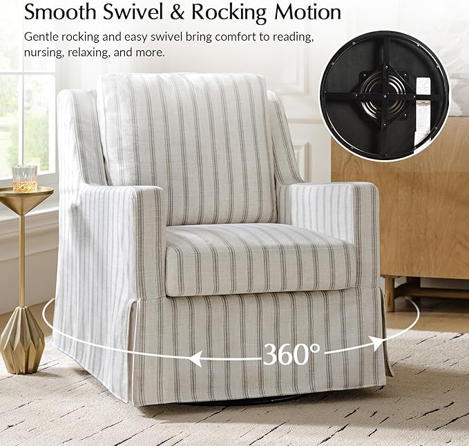 HULALA HOME Swivel Rocker Chair Farmhouse Swivel Rocking Accent Chair with Washable Slipcover Striped Fabric Barrel Armchair with Down Filled Cushions Grey
