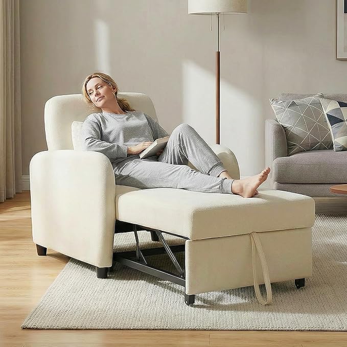 CHITA Sleeper Chair 3-in-1 Pull Out Convertible Single Sofa Bed with Adjustable Backrest Chenille Chaise Lounge Chair for Living Room Bedroom &amp Apartment Cream
