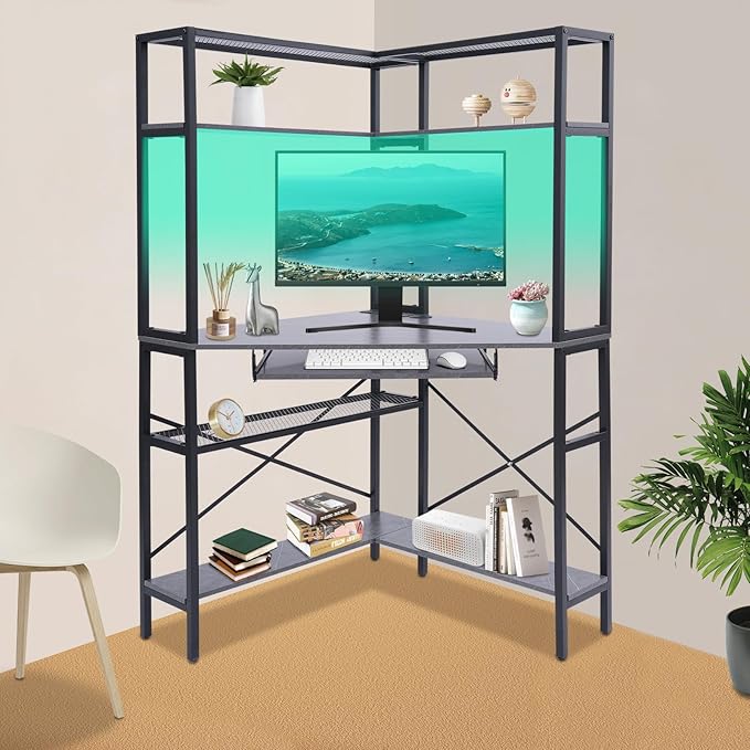 Corner DeskComputer Desk with Keyboard Tray with Power OutletsGaming Desk with LED LightTriangle Corner Desk Workstation with Bookshelves for Home Office Bedroom (Gray)