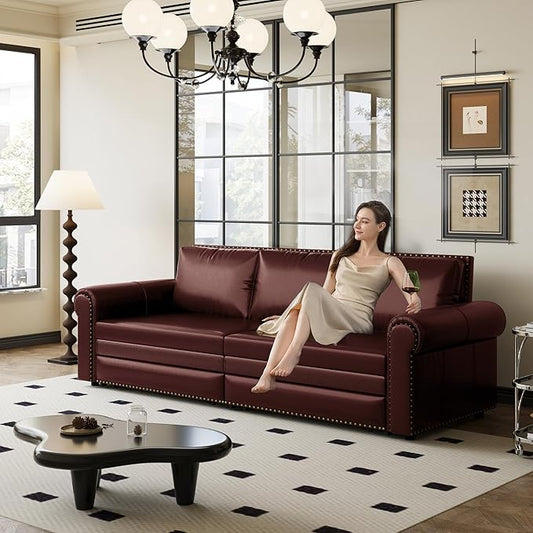 93.7 Faux Leather Convertible Sleeper Sofa 3 in 1 King Size Pull Out Sofa Bed Loveseat Couch for Living Room Bedroom Burgundy