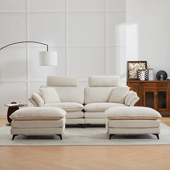 Deep Seat Sectional Sofa Comfortable Cloud Sofa with Ottomans loveseat Sofa 85.8''Modern Corduroy Upholstered Sectional Sofa for Living Room Apartment Studio Office (Beige)