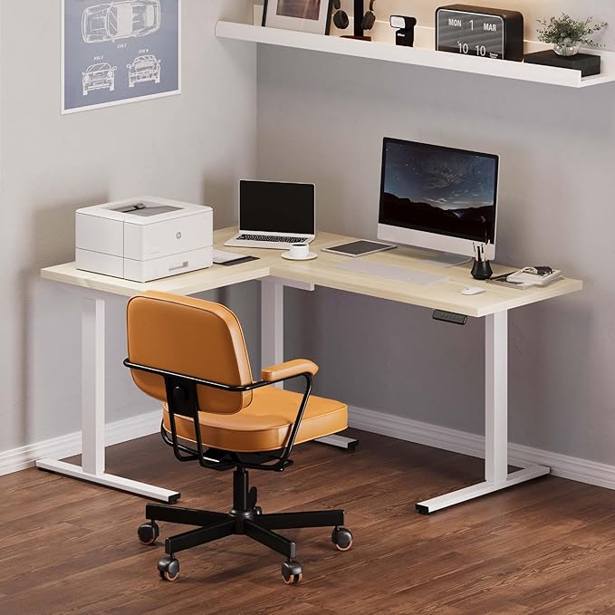 FLEXISPOT L Shaped Standing Desk 63 x 47 Inch Electric Height Adjustable Corner Desk Sit Stand Computer Workstation Preset Controller Home Office White Frame with Maple Top