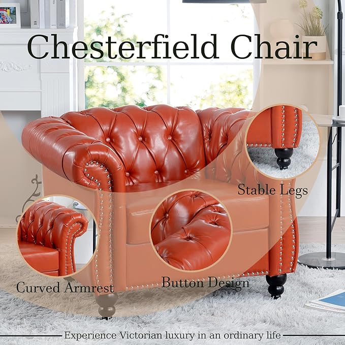 Oversized Chesterfield Chair PU Leather Accent Chair with Tufted Back Club Chair for Living Room Bedroom Gothic Victorian (Orange)