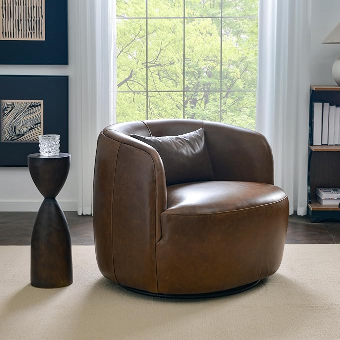 KINWELL 33''W 100% Top Grain Genuine Leather Swivel Barrel Armchair No Assembly Round Upholstered Leather Accent Chairs with Toss Pillow for Living Room Office Lounge (Dark Brown Genuine Leather)