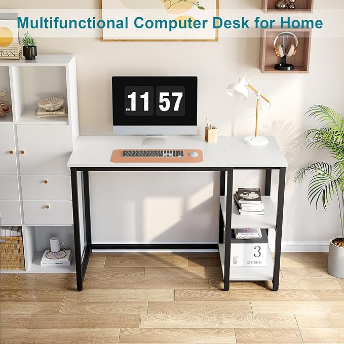SINPAID Computer Desk 47 inches with 2-Tier Shelves Sturdy Home Office Desk with Large Storage Space Modern Gaming Desk Study Writing Laptop Table White Desk