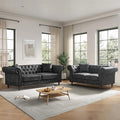 TTK Chesterfield Faux Leather Fabric Sofa Set 2-Seater Loveseat + 3-Seater Couch Combo Upholstered Tufted Rolled Arm Mid Century Modern Sofa Set for Living Room Office Apartment Black