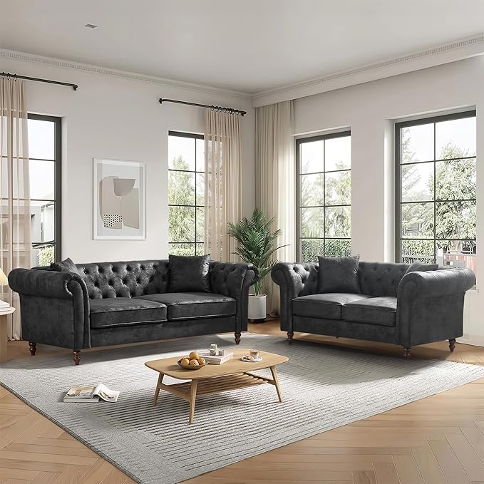 TTK Chesterfield Faux Leather Fabric Sofa Set 2-Seater Loveseat + 3-Seater Couch Combo Upholstered Tufted Rolled Arm Mid Century Modern Sofa Set for Living Room Office Apartment Black