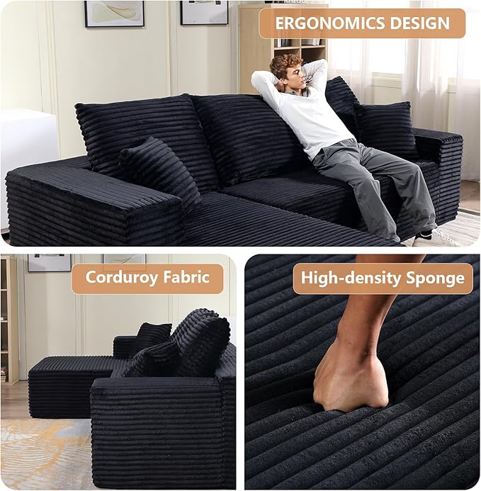 107 L-Shaped Cloud Couch with Pillows Modular Sectional Sofa with Chaise Comfy Corduroy 3-Seater Sofa with Deep-Seat for Living Room No Assembly Required (Black Left-Facing Chaise)