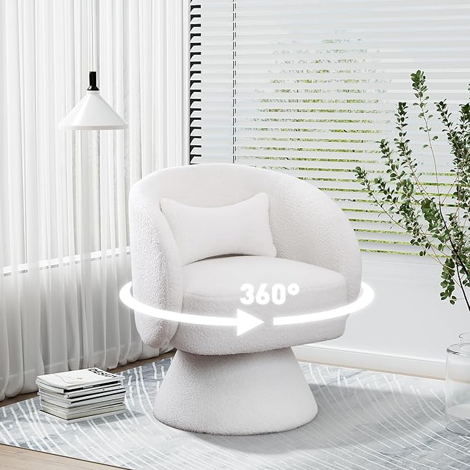 Swivel Barrel Chair Set of 2 Upholstered Swivel Cuddle Accent Chairs for Living Room Comfy 360°Small Round Boucle Sherpa Barrel Armchair for Bedroom Nursery (White Teddy)