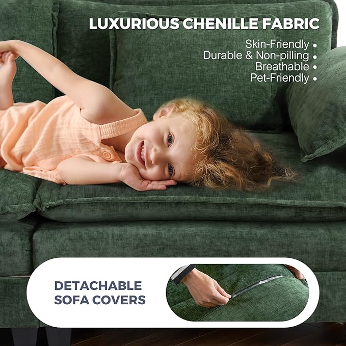 ELUCHANG 116 L Shaped Modular Sectional Cloud Couch with Pillow Deep Seat Sofa Couches for Living Room 4-Seat Modern Sofa with Movable Ottoman Chenille Green
