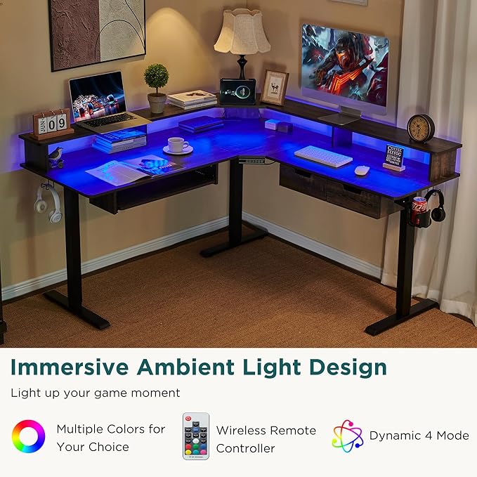RedLemon 60 Inches L Shaped Electric Standing DeskHeight Adjustable Corner Gaming Desk with Drawers Keyboard Tray Power Outlets &amp LED Lights Computer Desk with Monitor Shelf Dark Rustic Oak