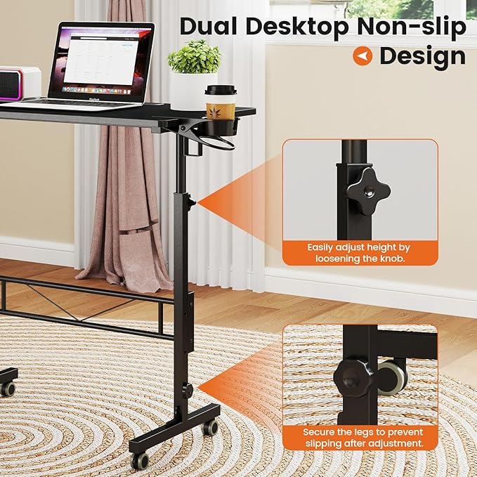 Hadulcet Small Standing Desk Adjustable Height Mobile Stand Up Desk with Wheels Portable Walking Pad Table Stand Rolling Laptop Cart for Standing or Sitting Black