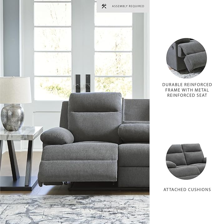 Signature Design by Ashley Yarrow Lane Classic Chenille Manual Pull Tab Reclining Sofa with Drop Down Table and USB Charging Gray