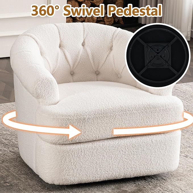 Swivel Accent Chair with Ottoman for Living Room Boucle Swivel Chairs &amp Upholstered Barrel Chair with Ottoman White Sherpa Chairs for Small Spaces with Curved Backet 360 Swivel and Pillow