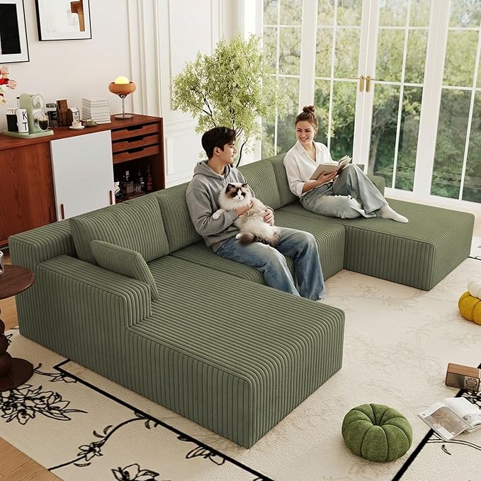 124 Corduroy U-Shaped Sectional Sofa Modern Modular Boneless 4-Seater Couch with 6 Pillows Upholstered Deep Seat DIY Cloud Sofa for Living Room No Assembly Required (Green)