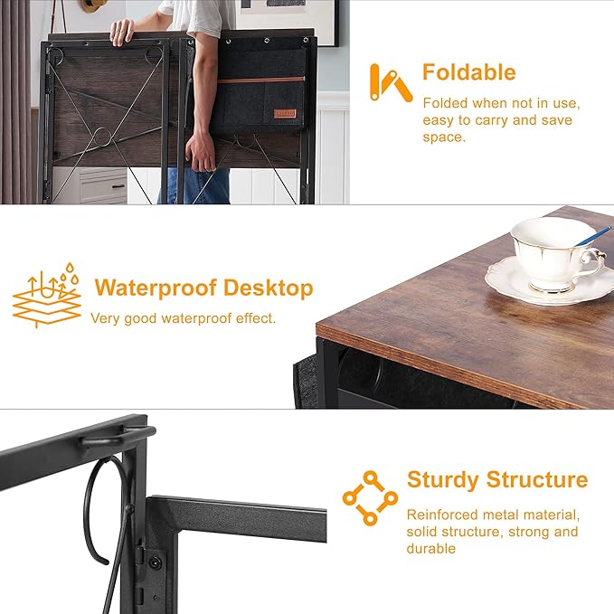 VECELO 39 Inch Folding Desk Simple Assembly Writing Computer Desk for Home Office Study Office Foldable Table for Small SpacesClassic Brown2 Set
