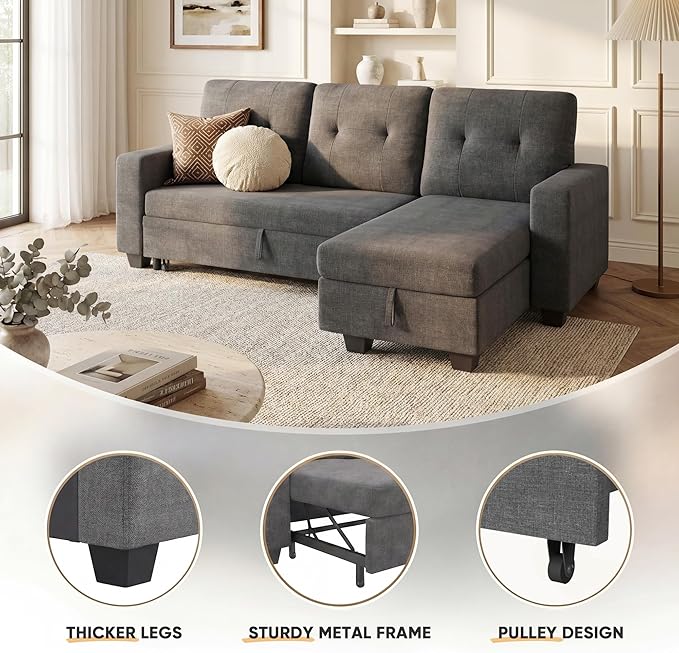 JUMMICO Sofa Bed Sleeper Pull Out Couch with Reversible Storage Chaise Convertible L Shaped Sectional Couches for Living Room Apartment (Linen Fabric Dark Grey)